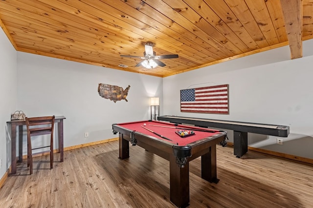 recreation room with a ceiling fan, wood finished floors, pool table, baseboards, and wood ceiling