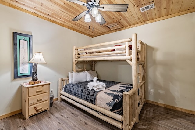 bedroom with wood finished floors, visible vents, baseboards, ceiling fan, and wooden ceiling