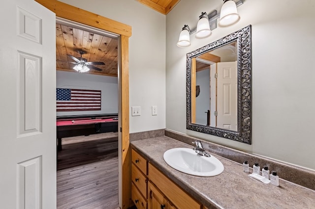 bathroom featuring wooden ceiling, vanity, ceiling fan, and wood finished floors