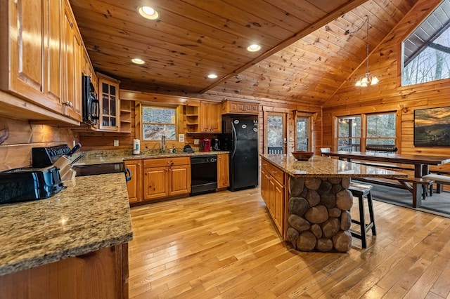 kitchen featuring a breakfast bar area, wood ceiling, brown cabinetry, black appliances, and open shelves