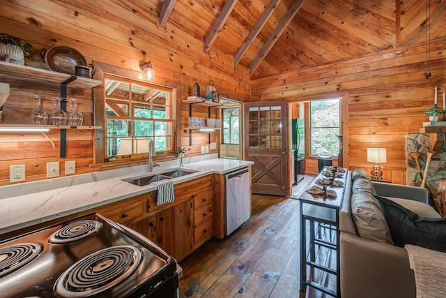 kitchen featuring lofted ceiling with beams, dishwasher, sink, wood ceiling, and black / electric stove