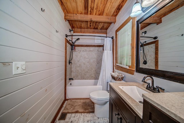 full bathroom featuring vanity, toilet, shower / bath combo, wooden ceiling, and beam ceiling