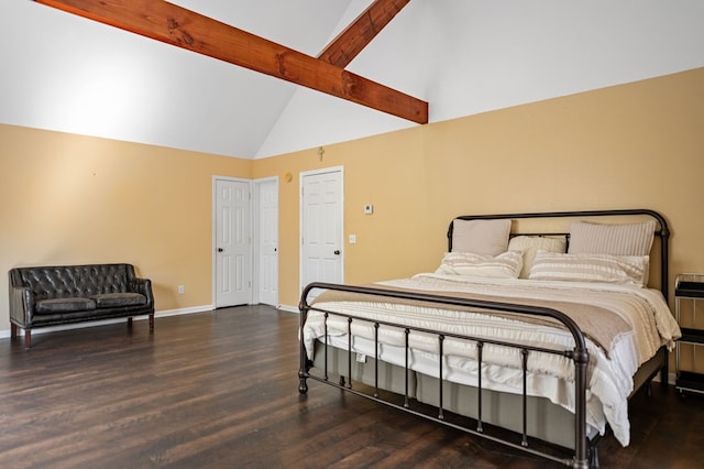 bedroom featuring high vaulted ceiling, baseboards, beamed ceiling, and wood finished floors