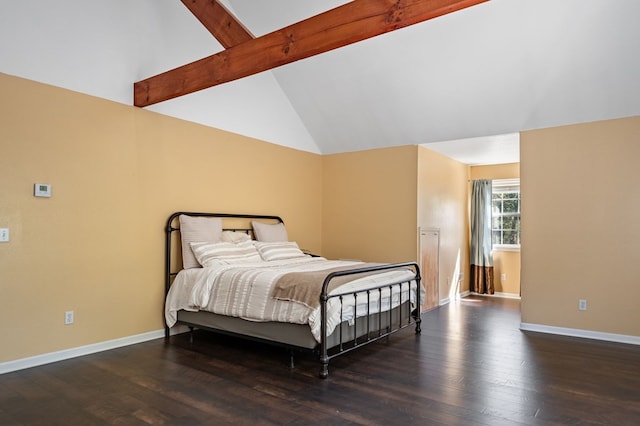 bedroom with high vaulted ceiling, baseboards, beamed ceiling, and wood finished floors