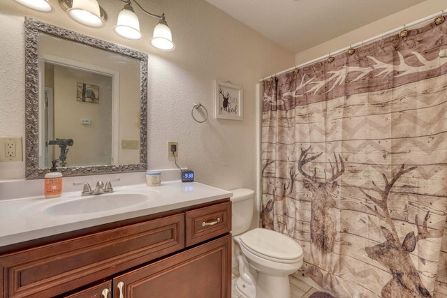 bathroom featuring a shower with curtain, vanity, and toilet