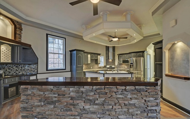 kitchen with ceiling fan, wood-type flooring, backsplash, and appliances with stainless steel finishes