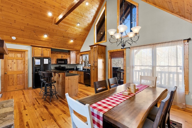 dining area with beam ceiling, high vaulted ceiling, light hardwood / wood-style flooring, and wooden ceiling