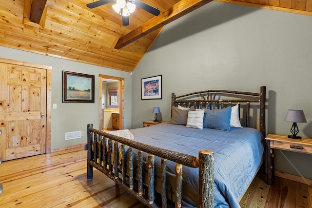 bedroom featuring ensuite bathroom, lofted ceiling with beams, ceiling fan, wood ceiling, and light hardwood / wood-style flooring