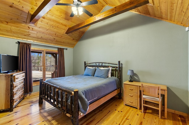 bedroom with wood ceiling, lofted ceiling with beams, ceiling fan, access to exterior, and light hardwood / wood-style floors