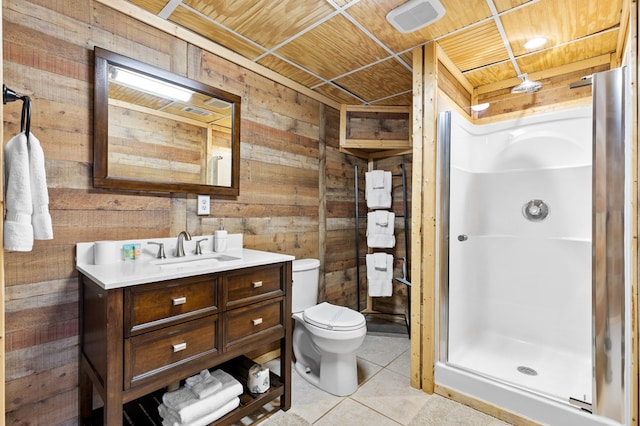 bathroom featuring tile patterned flooring, walk in shower, wood ceiling, and wood walls