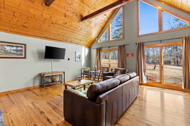 living room featuring beamed ceiling, high vaulted ceiling, light hardwood / wood-style flooring, and wooden ceiling