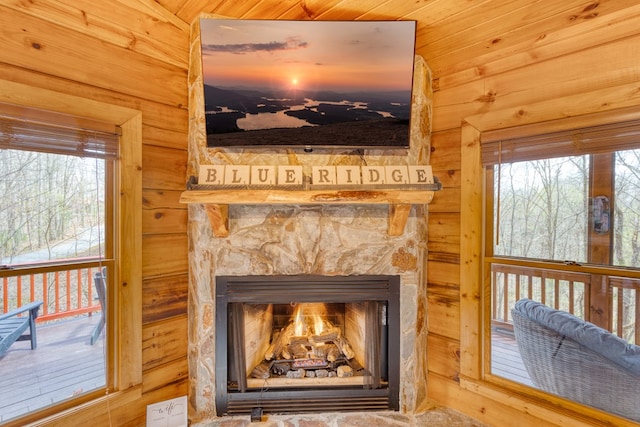 details with wooden walls and a warm lit fireplace