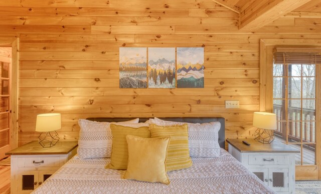 bedroom featuring wood ceiling, wood walls, and vaulted ceiling with beams