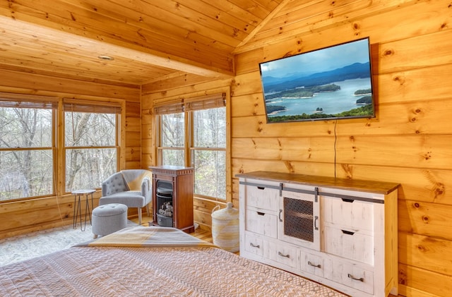 interior space featuring wooden ceiling, wood walls, wood finished floors, and lofted ceiling