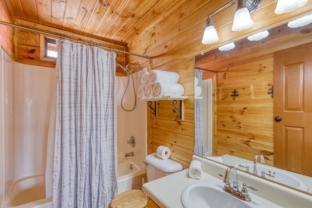 bathroom featuring wooden walls, shower / bathtub combination with curtain, wood ceiling, and vanity