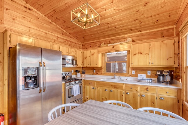 kitchen featuring lofted ceiling, wooden ceiling, a sink, a notable chandelier, and stainless steel appliances