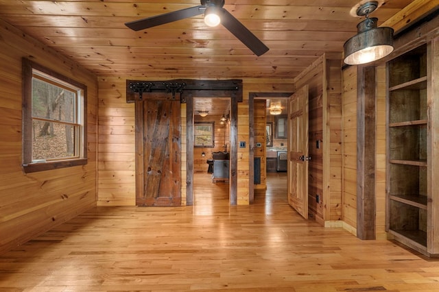 interior space with ceiling fan, wood walls, wood ceiling, and light hardwood / wood-style flooring