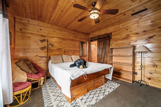 bedroom featuring ceiling fan, wooden walls, carpet floors, and wood ceiling