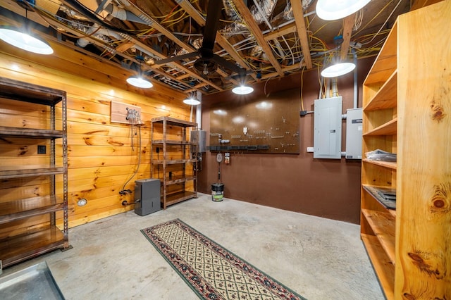 basement with electric panel and wood walls