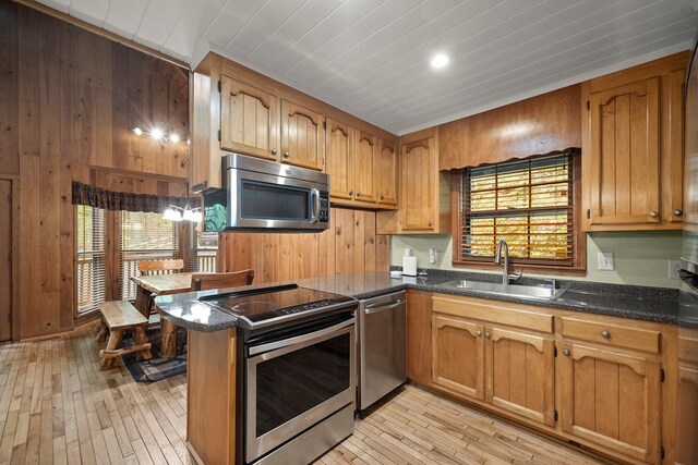 kitchen with a sink, light wood-style flooring, wooden walls, and stainless steel appliances