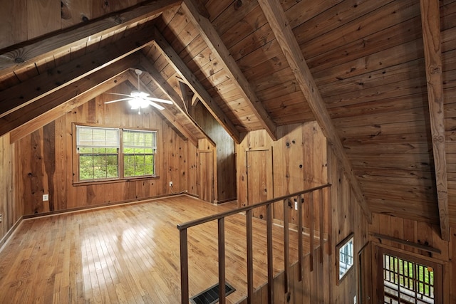 additional living space featuring lofted ceiling with beams, wooden walls, hardwood / wood-style floors, and wooden ceiling