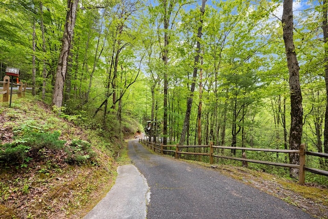 view of road featuring a wooded view
