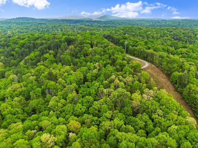 drone / aerial view featuring a wooded view