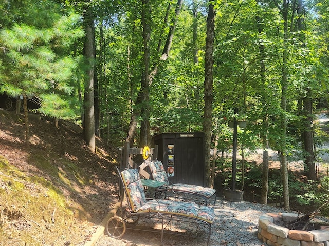 view of patio / terrace featuring a storage unit