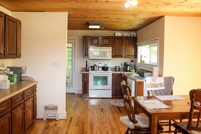 64 Cloe Moore Dr, Murphy, NC 28906 - kitchen featuring white appliances, light countertops, a sink, light wood-type flooring, and wood ceiling