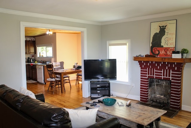 64 Cloe Moore Dr, Murphy, NC 28906 - living room with crown molding, light wood finished floors, and a fireplace