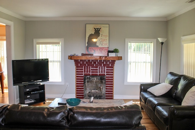 64 Cloe Moore Dr, Murphy, NC 28906 - living area with wood finished floors, a fireplace, baseboards, and ornamental molding