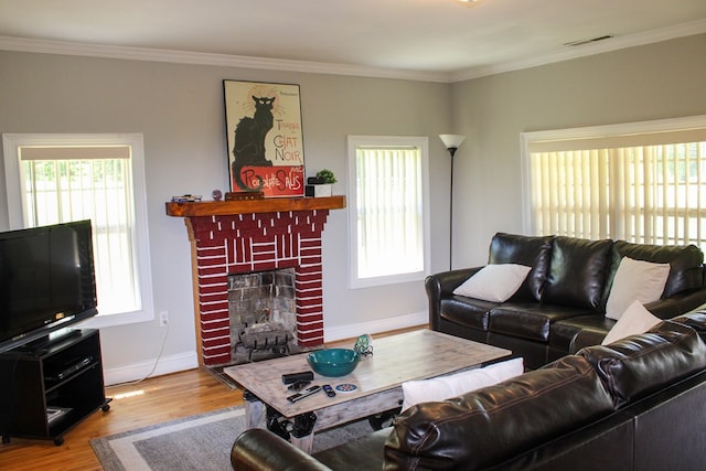 64 Cloe Moore Dr, Murphy, NC 28906 - living room with healthy amount of natural light, wood finished floors, baseboards, a fireplace, and ornamental molding