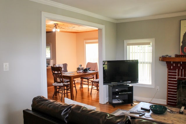 64 Cloe Moore Dr, Murphy, NC 28906 - living room with wood finished floors, ornamental molding, and a fireplace