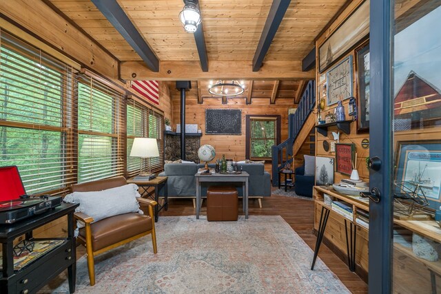 121 Farmstead Rd, Ellijay, GA 30540 - office area with wooden ceiling, beamed ceiling, wood walls, and wood finished floors