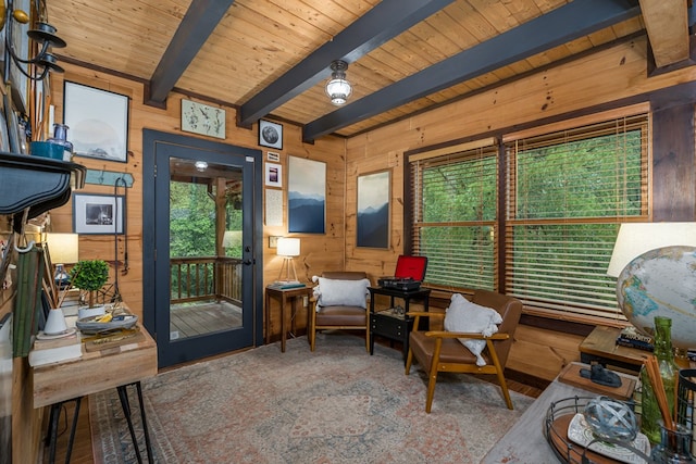 121 Farmstead Rd, Ellijay, GA 30540 - sitting room featuring wooden walls, wood ceiling, and beam ceiling