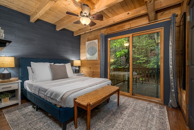 121 Farmstead Rd, Ellijay, GA 30540 - bedroom featuring wood ceiling, beam ceiling, wood finished floors, wooden walls, and access to outside