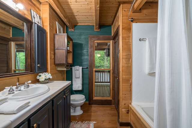 121 Farmstead Rd, Ellijay, GA 30540 - bathroom featuring vanity, wood finished floors, toilet, wooden walls, and wood ceiling