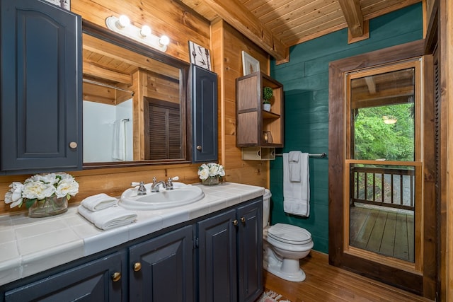 121 Farmstead Rd, Ellijay, GA 30540 - full bath featuring wood ceiling, wood walls, beam ceiling, and wood finished floors
