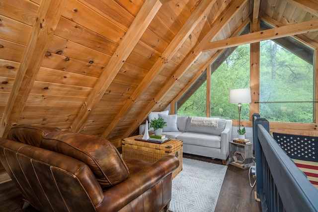 121 Farmstead Rd, Ellijay, GA 30540 - living area featuring dark wood-style floors, wooden ceiling, and vaulted ceiling with beams