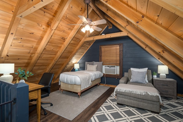 121 Farmstead Rd, Ellijay, GA 30540 - bedroom with wood walls, wood finished floors, wooden ceiling, lofted ceiling with beams, and cooling unit