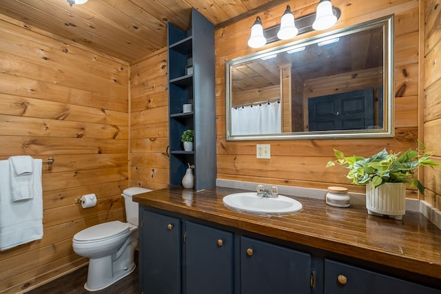 121 Farmstead Rd, Ellijay, GA 30540 - bathroom with wooden walls, vanity, toilet, wood finished floors, and wood ceiling