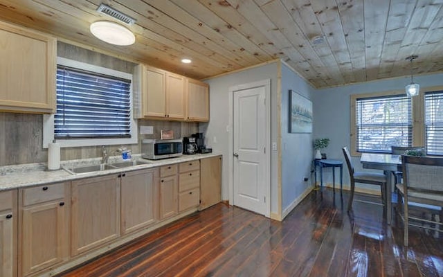 kitchen featuring wood ceiling, dark wood-type flooring, light brown cabinets, tasteful backsplash, and sink