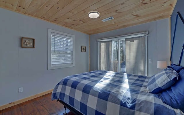 bedroom featuring wood-type flooring and wood ceiling