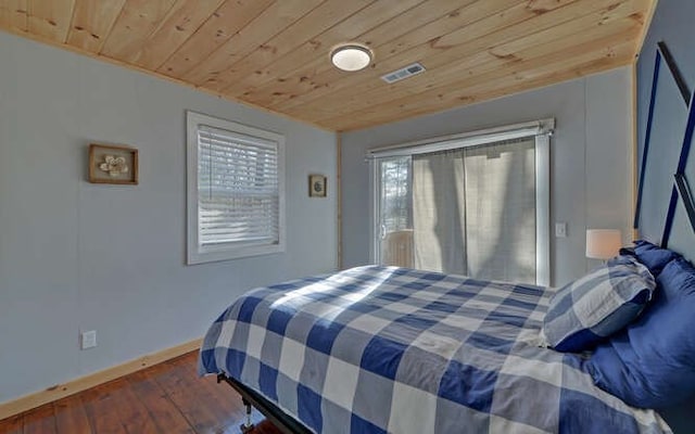 bedroom featuring dark wood-type flooring and wood ceiling