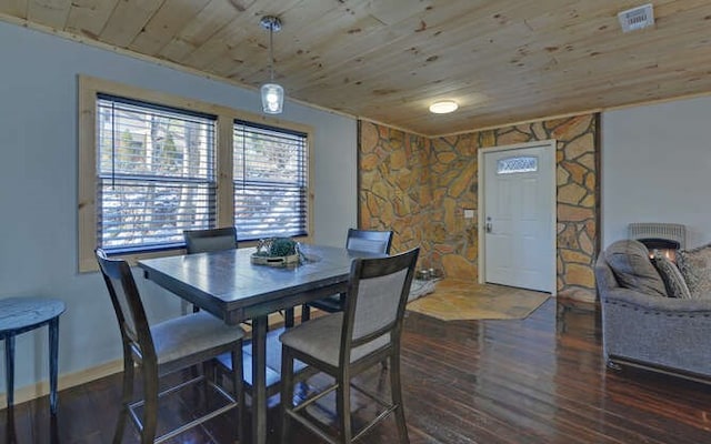 dining space with dark hardwood / wood-style flooring and wood ceiling