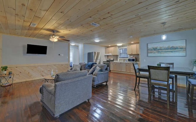 living room featuring ceiling fan, dark hardwood / wood-style flooring, and wood ceiling