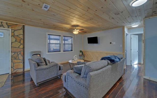 living room with ceiling fan, wood ceiling, and dark hardwood / wood-style flooring