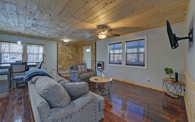 living room featuring wooden ceiling, dark hardwood / wood-style floors, and ceiling fan