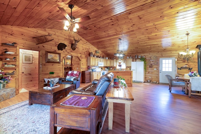 living room featuring wood walls, wood-type flooring, wooden ceiling, and high vaulted ceiling