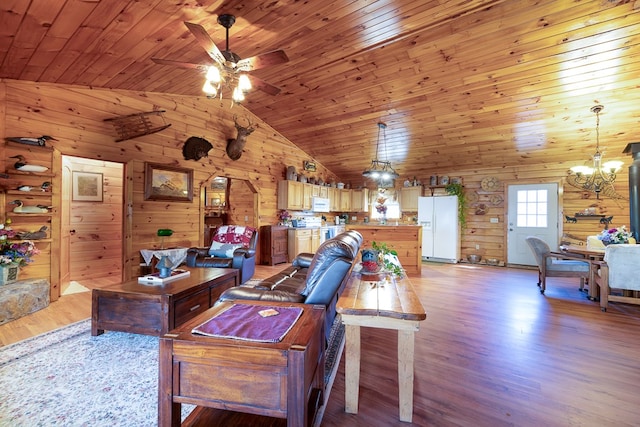 922 Liberty Cir, Murphy, NC 28906 - living area featuring light wood-type flooring, wooden ceiling, ceiling fan with notable chandelier, lofted ceiling, and wooden walls